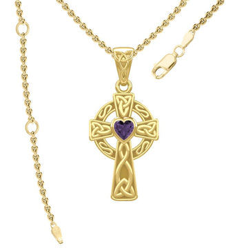 Celtic Cross Yellow Gold Pendant with Heart Gemstone GPD5337 - Jewelry